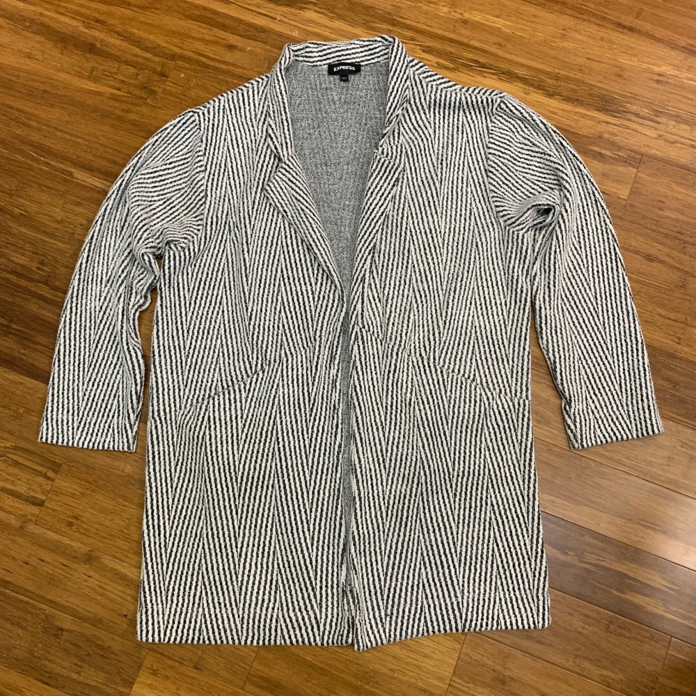Express Duster Cardigan Sweater Womens Large White Black Knit Open Front Striped